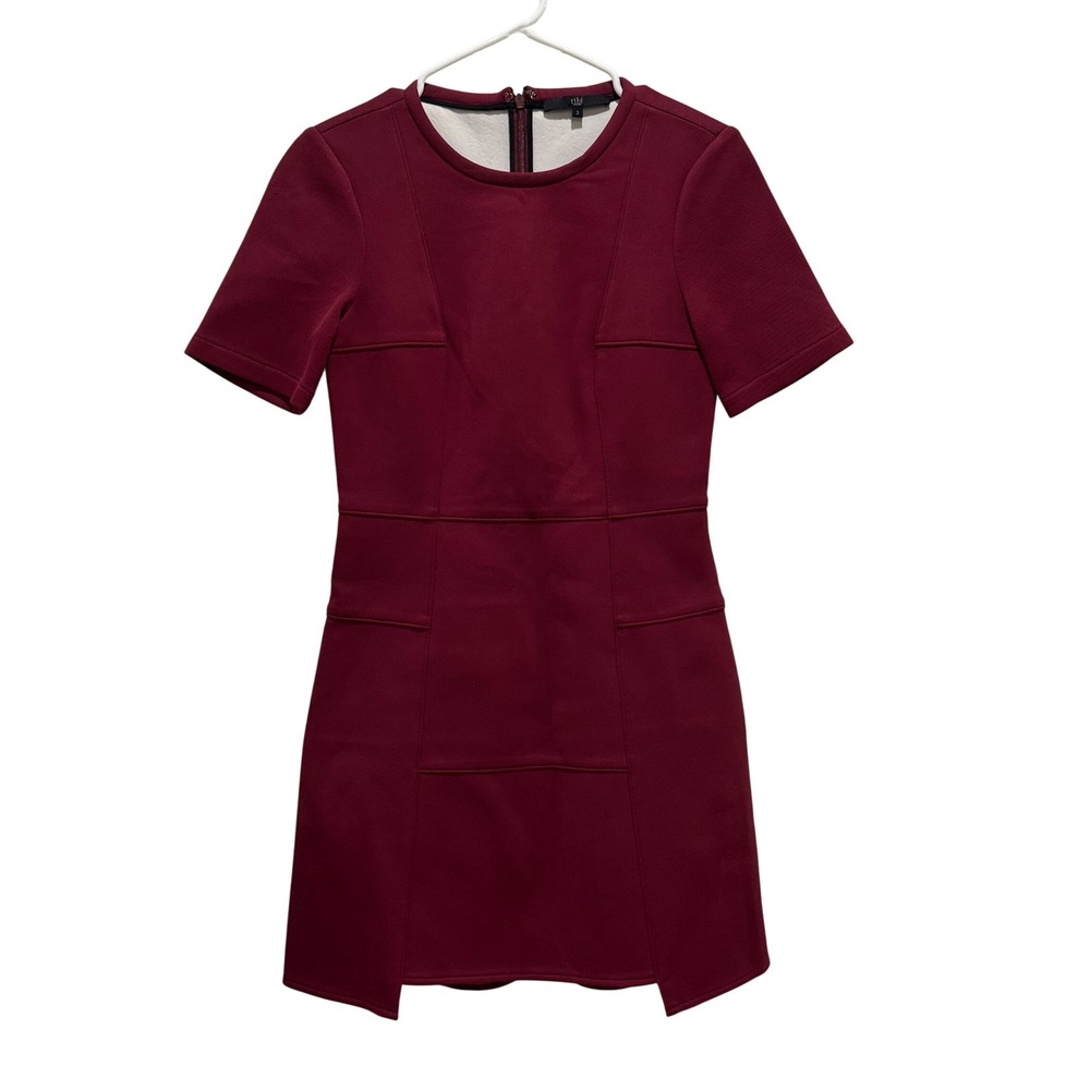Tibi Mini Dress Womens 2 Burgundy BodyCon Short Sleeve Seam Detail Notched Hem